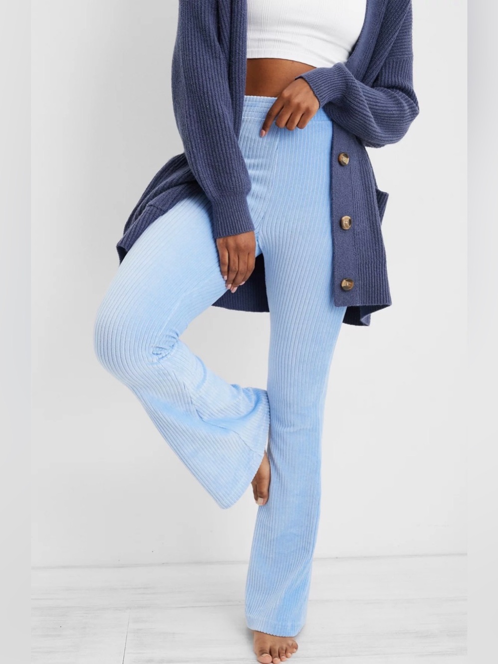 aerie Groove On High Waisted Light Periwinkle Ribbed Flare Pants